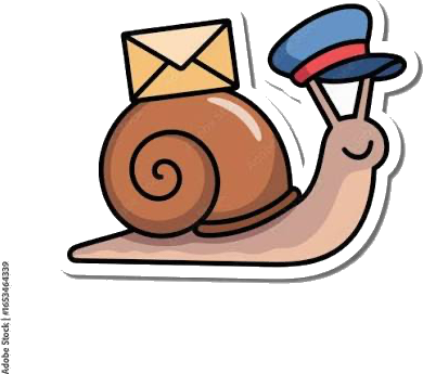 Illustrated snail mail carrier wearing a postal cap, carrying an envelope on its shell